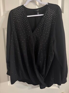 Alfani Black Long-Sleeve V-Neck Draped Top with Silver Studs
